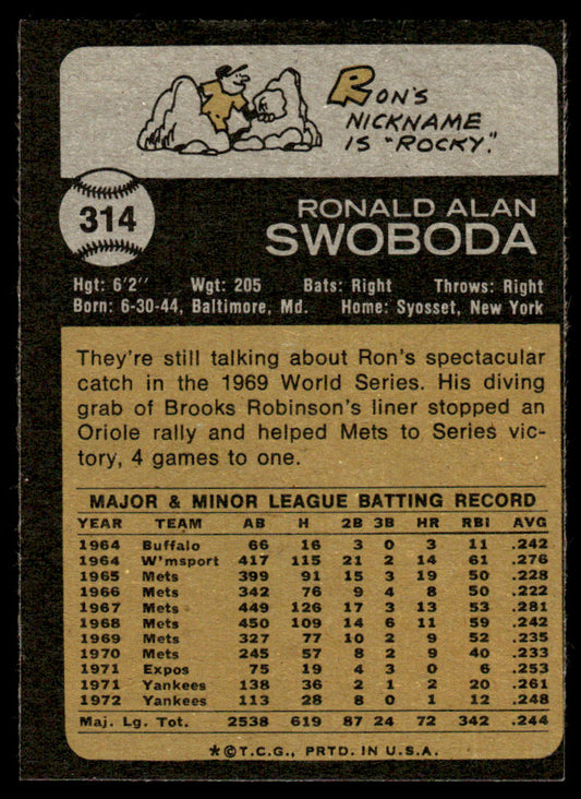 1973 Topps Baseball #314 - Ron Swoboda - EXMT