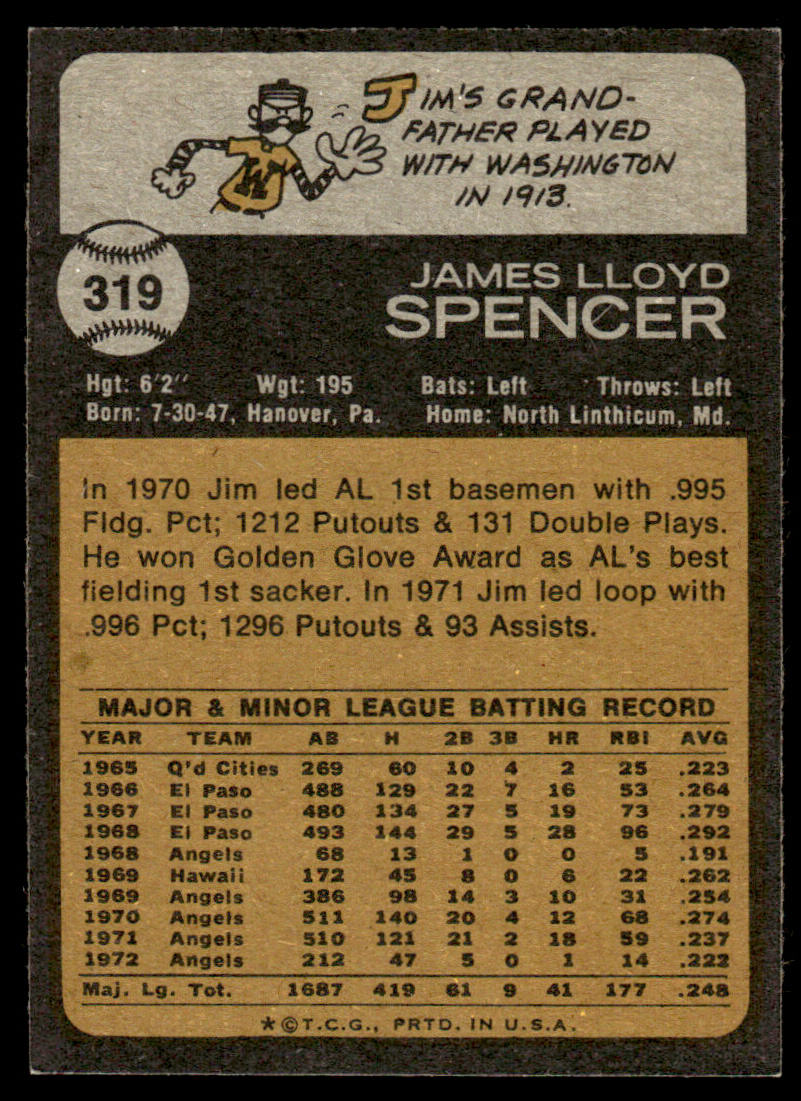 1973 Topps Baseball #319 - Jim Spencer - EXMT