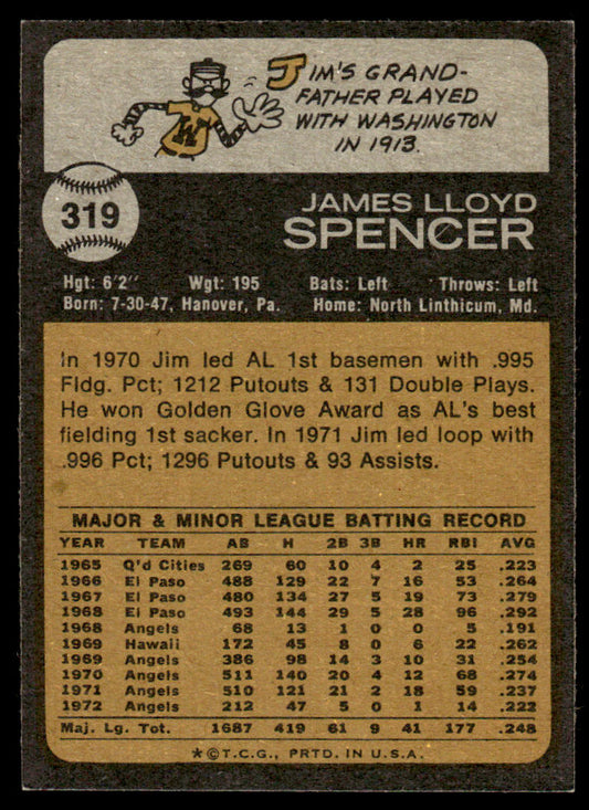 1973 Topps Baseball #319 - Jim Spencer - EXMT