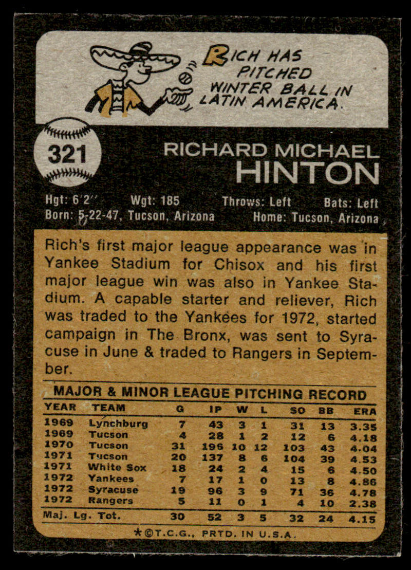 1973 Topps Baseball #321 - Rich Hinton - NM