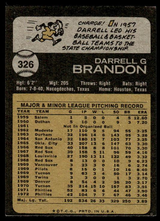 1973 Topps Baseball #326 - Darrell Brandon - EX