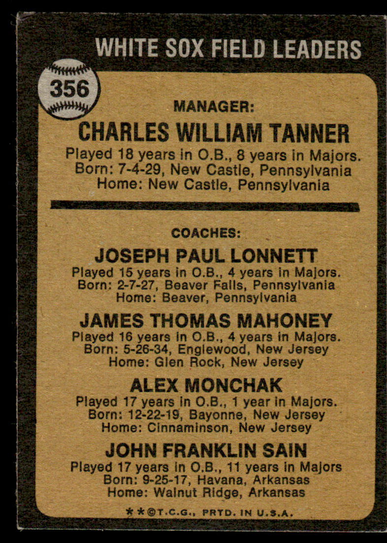 1973 Topps Baseball #356 - White Sox Field Leaders - EXMT