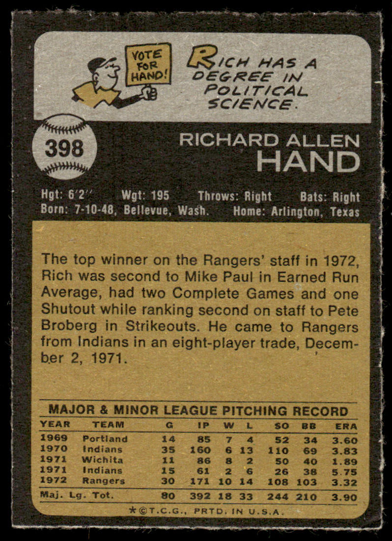 1973 Topps Baseball #398 - Rich Hand - EXMT
