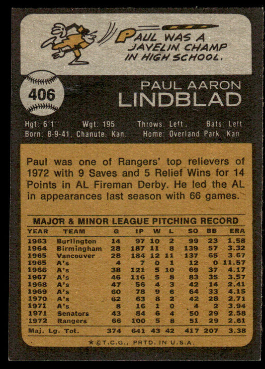 1973 Topps Baseball #406 - Paul Lindblad - EX