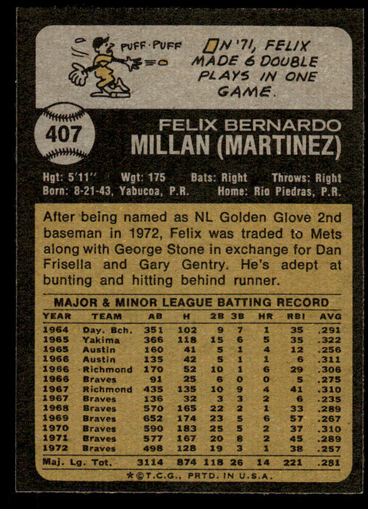 1973 Topps Baseball #407 - Felix Millan - EXMT