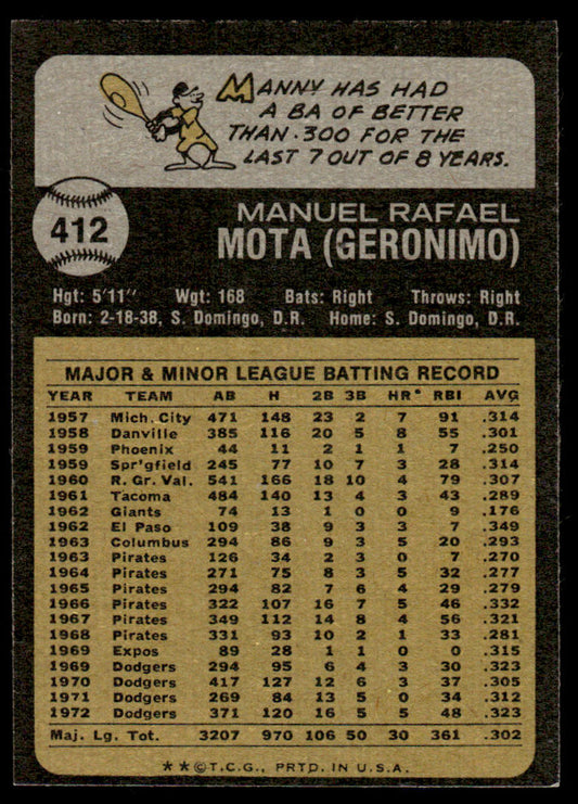 1973 Topps Baseball #412 - Manny Mota - NM