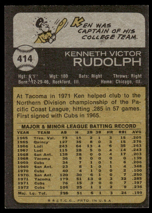 1973 Topps Baseball #414 - Ken Rudolph - EXMT