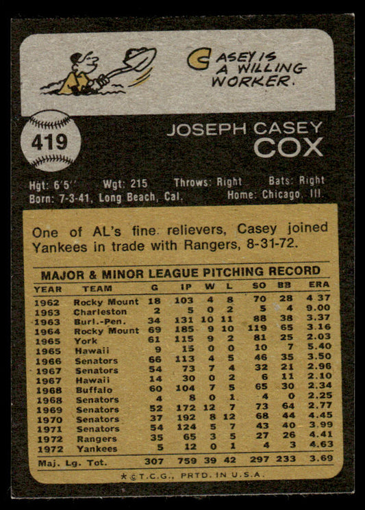 1973 Topps Baseball #419 - Casey Cox - EXMT