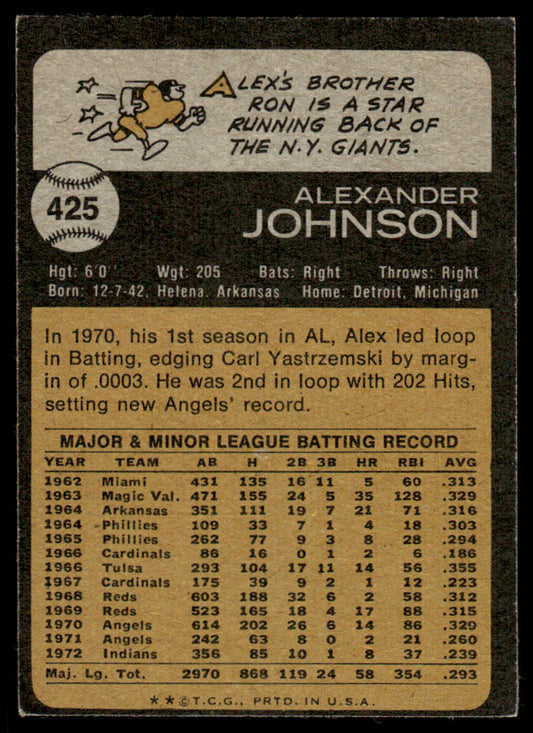 1973 Topps Baseball #425 - Alex Johnson - EXMT