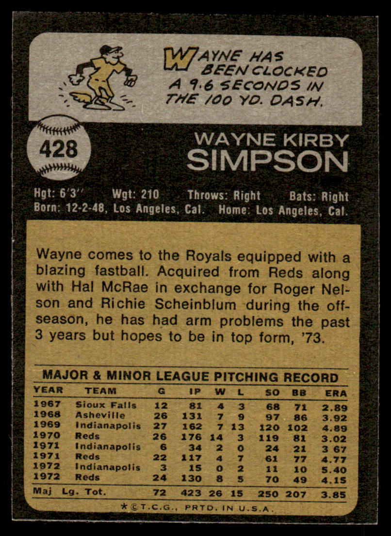1973 Topps Baseball #428 - Wayne Simpson - EX