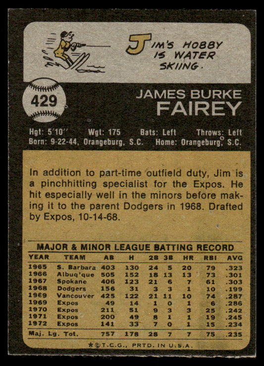 1973 Topps Baseball #429 - Jim Fairey - EXMT