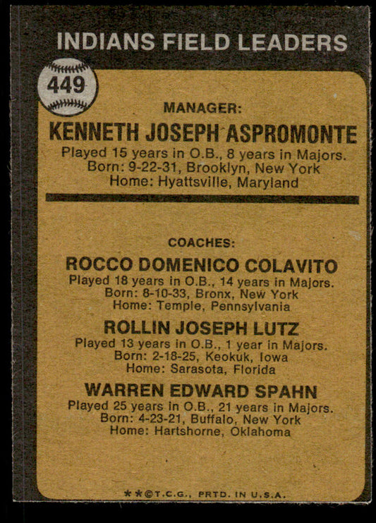 1973 Topps Baseball #449a - Indians Field Leaders - EX