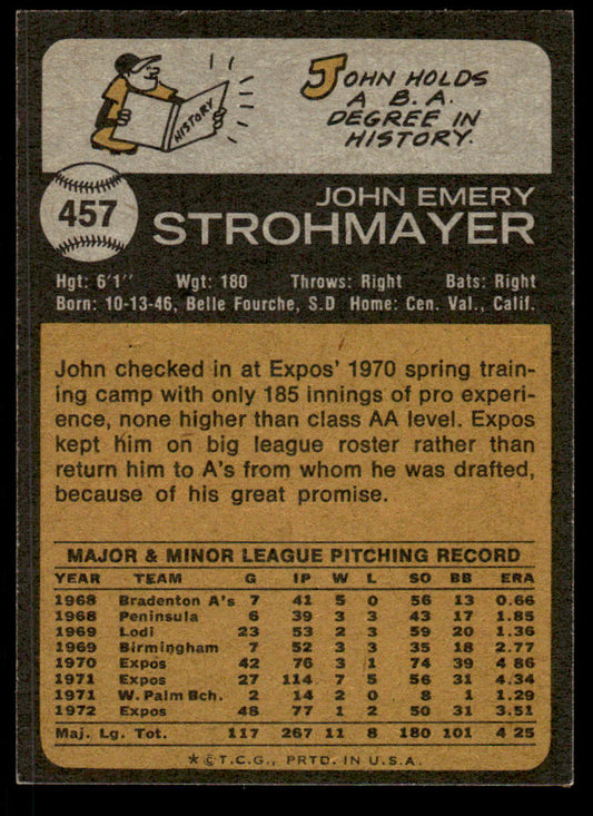 1973 Topps Baseball #457 - John Strohmayer - EXMT