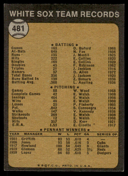 1973 Topps Baseball #481 - Chicago White Sox - EXMT