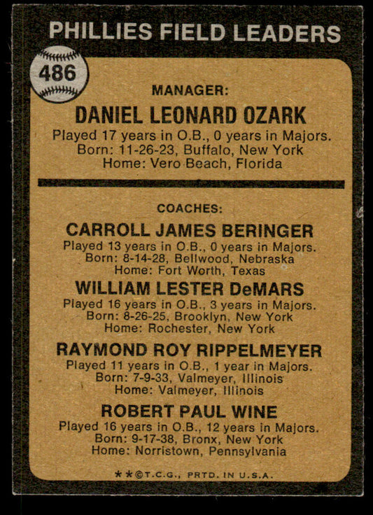 1973 Topps Baseball #486a - Phillies Field Leaders - EX