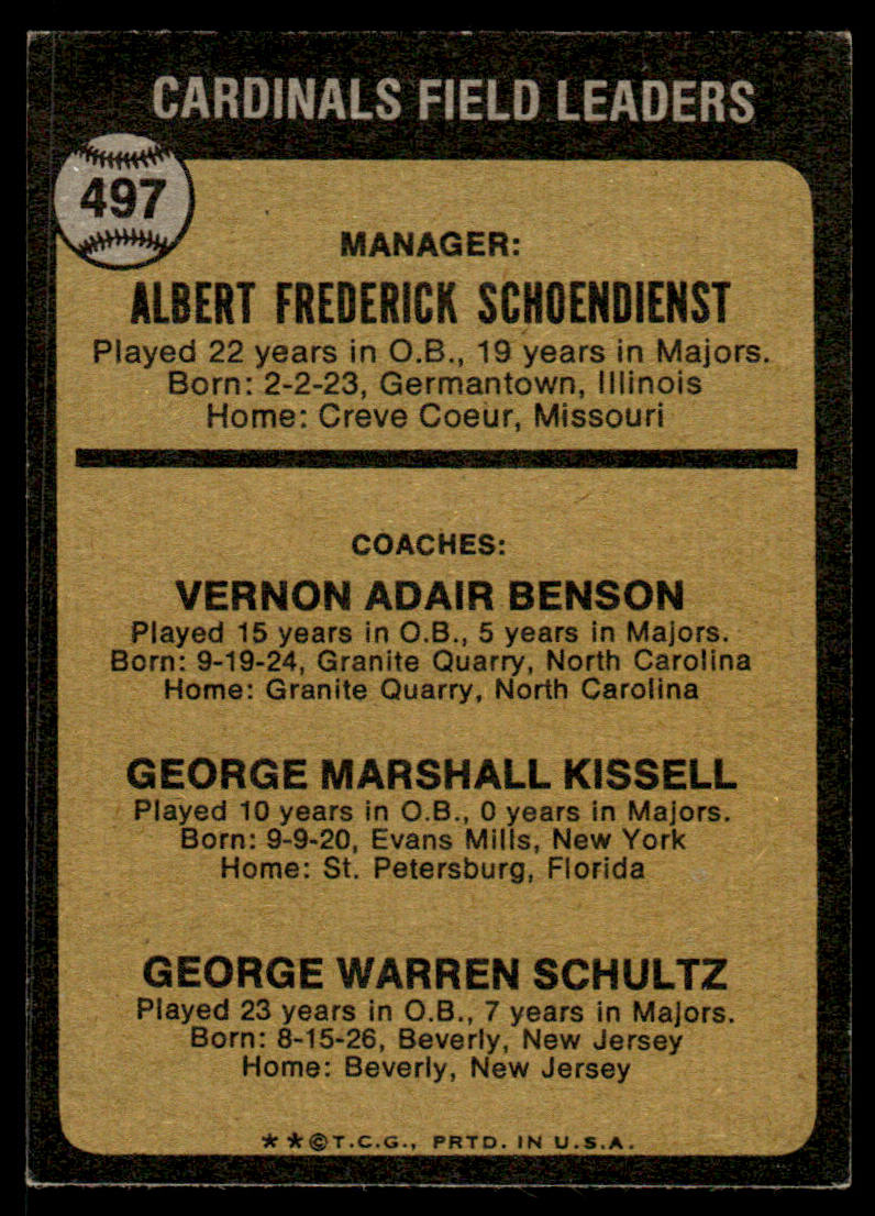 1973 Topps Baseball #497a - Cardinals Field Leaders - EXMT