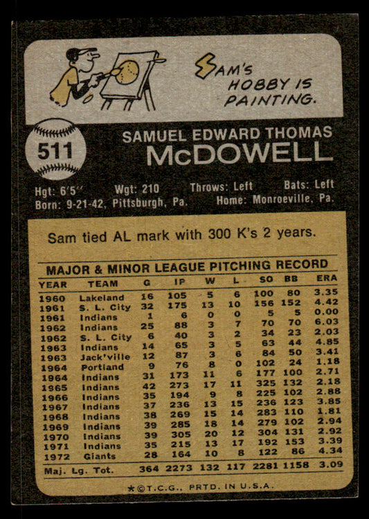 1973 Topps Baseball #511 - Sam McDowell - EX