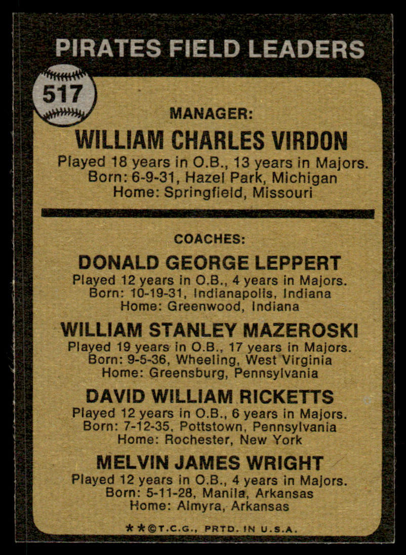 1973 Topps Baseball #517a - Pirates Field Leaders - EXMT