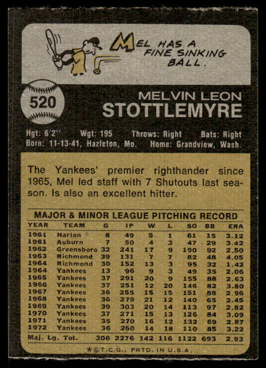 1973 Topps Baseball #520 - Mel Stottlemyre - NM