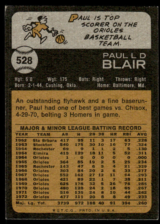 1973 Topps Baseball #528 - Paul Blair - EXMT