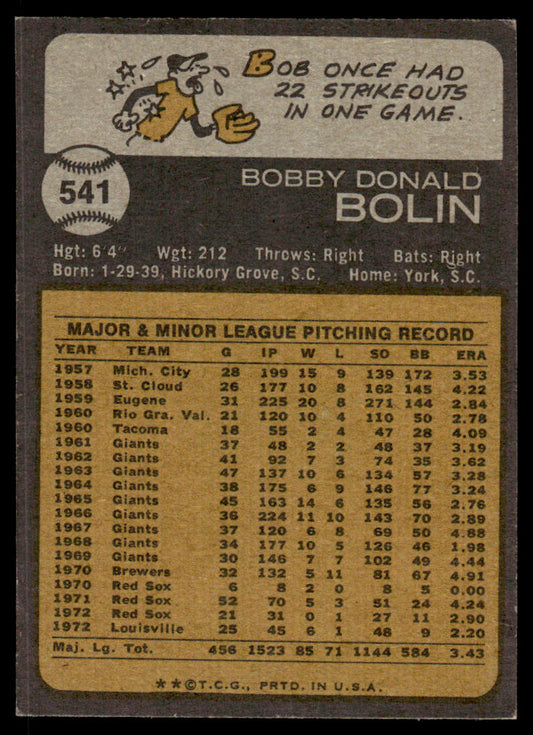 1973 Topps Baseball #541 - Bob Bolin - EXMT