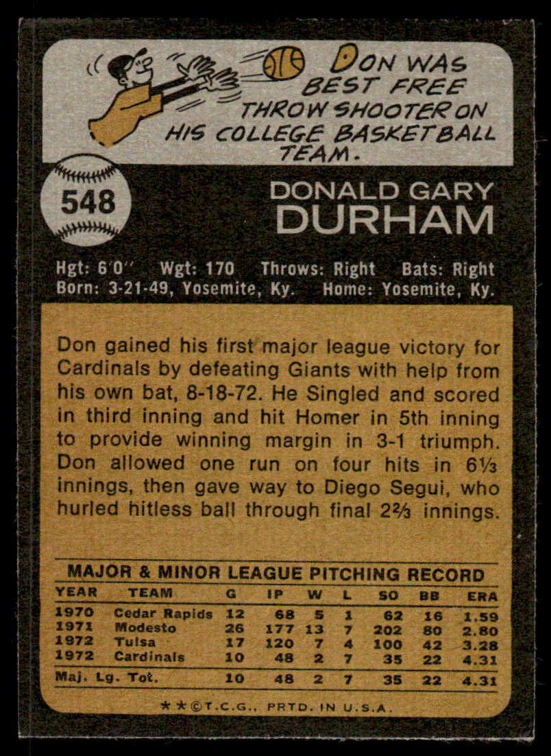 1973 Topps Baseball #548 - Don Durham - EX