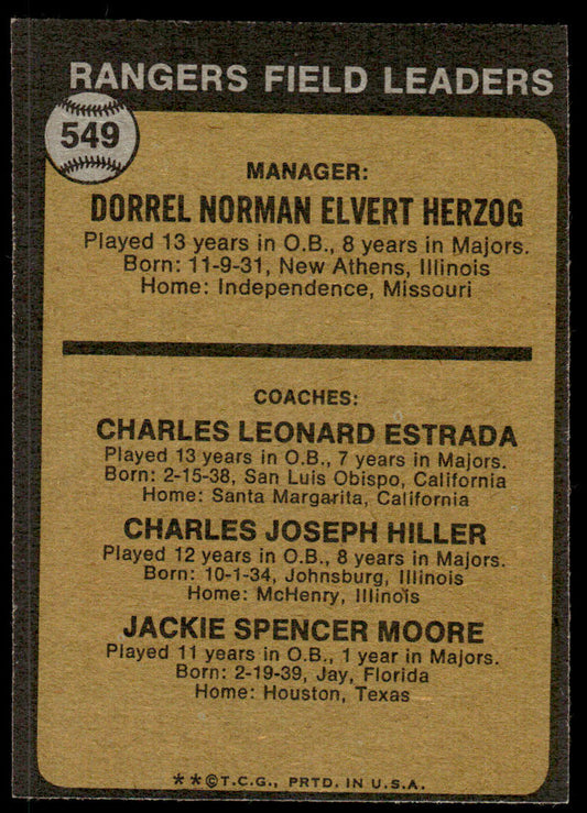 1973 Topps Baseball #549 - Rangers Field Leaders - EX