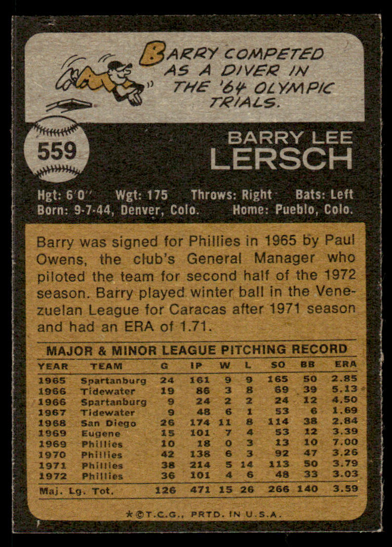 1973 Topps Baseball #559 - Barry Lersch - NM