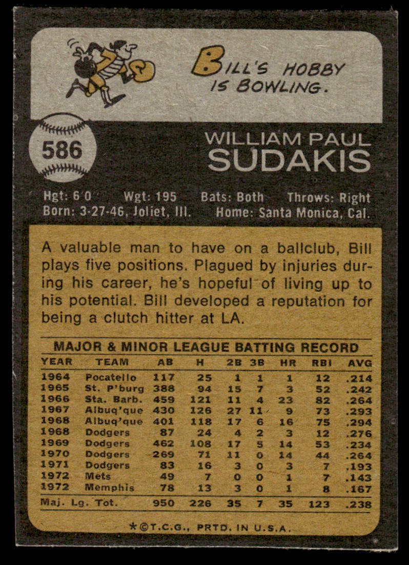 1973 Topps Baseball #586 - Bill Sudakis - EXMT