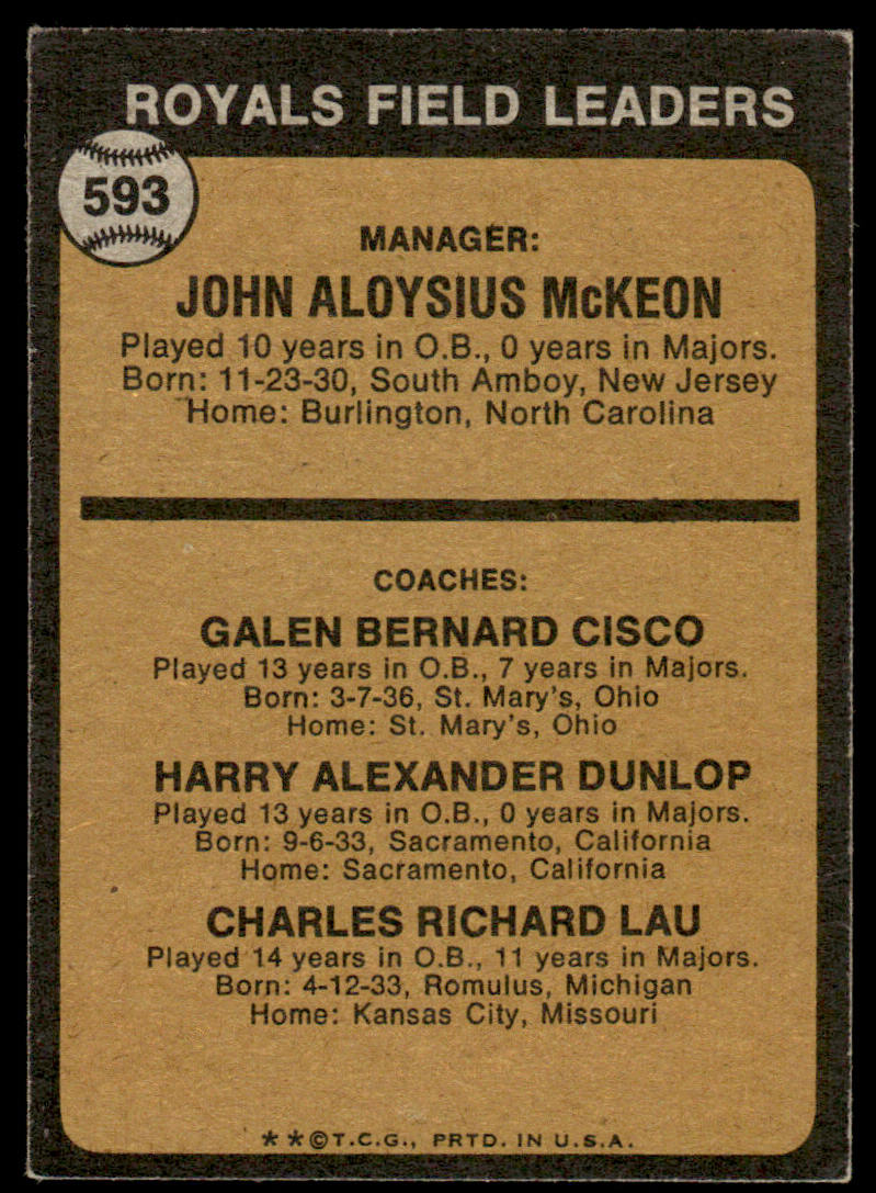 1973 Topps Baseball #593 - Royals Field Leaders - EX
