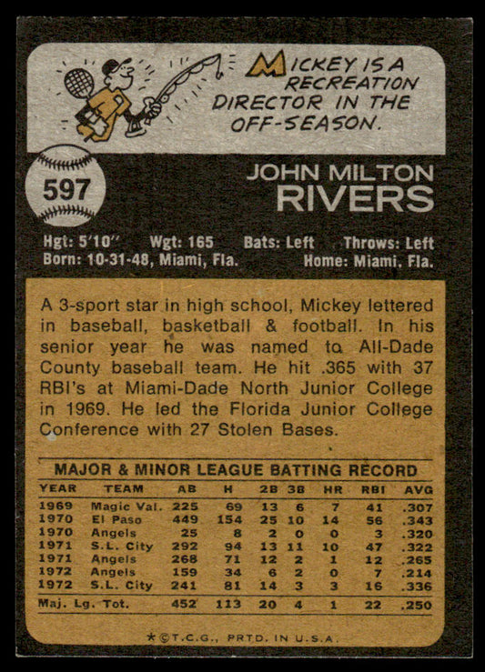 1973 Topps Baseball #597 - Mickey Rivers - EXMT