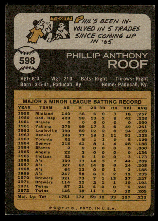 1973 Topps Baseball #598 - Phil Roof - EXMT