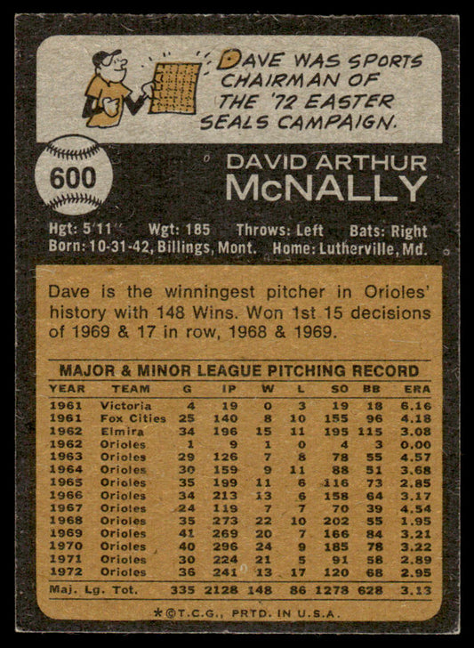 1973 Topps Baseball #600 - Dave McNally - EXMT