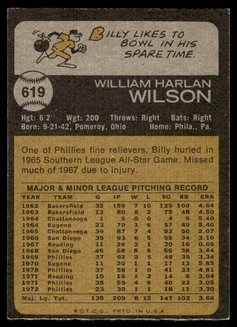 1973 Topps Baseball #619 - Billy Wilson - EXMT