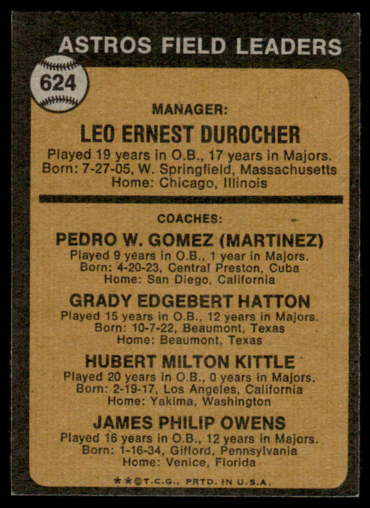 1973 Topps Baseball #624 - Astros Field Leaders - EXMT