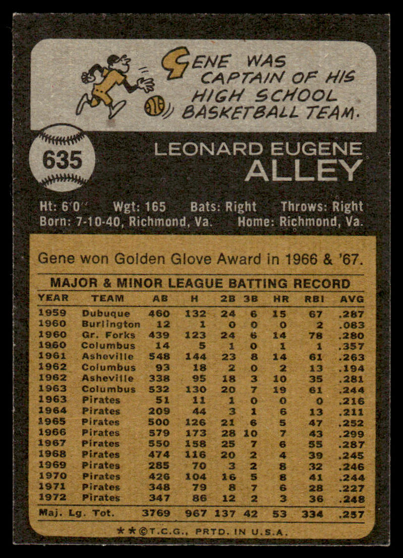 1973 Topps Baseball #635 - Gene Alley - EXMT