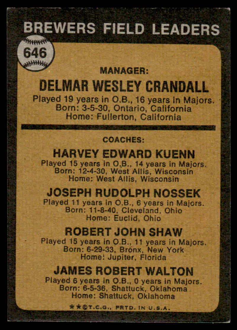 1973 Topps Baseball #646 - Brewers Field Leaders - EX