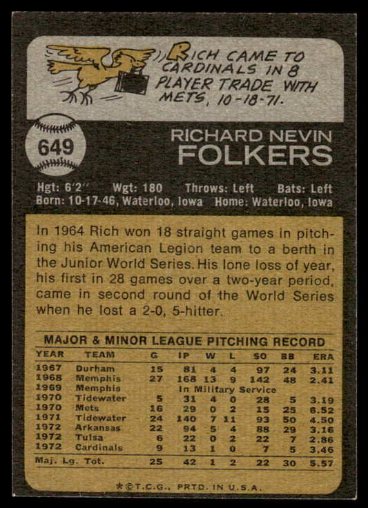 1973 Topps Baseball #649 - Rich Folkers - EX