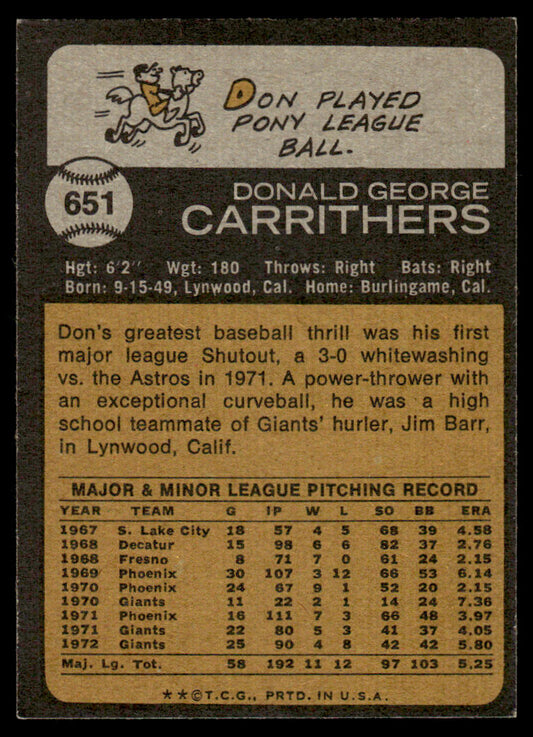 1973 Topps Baseball #651 - Don Carrithers - EXMT