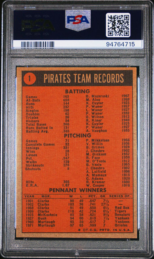 1972 Topps Baseball #1 - World Champions (Pittsburgh Pirates) - PSA 8 - NMMT