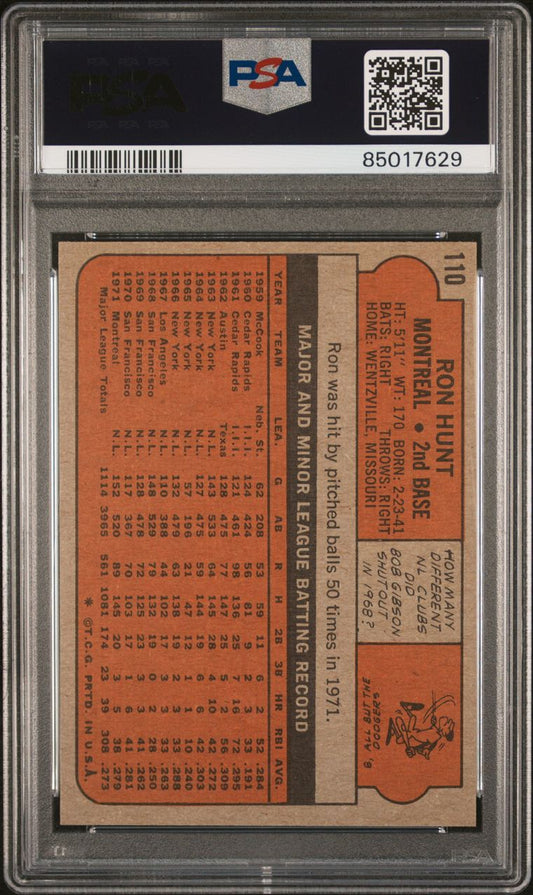 1972 Topps Baseball #110 - Ron Hunt - PSA 9 - MINT