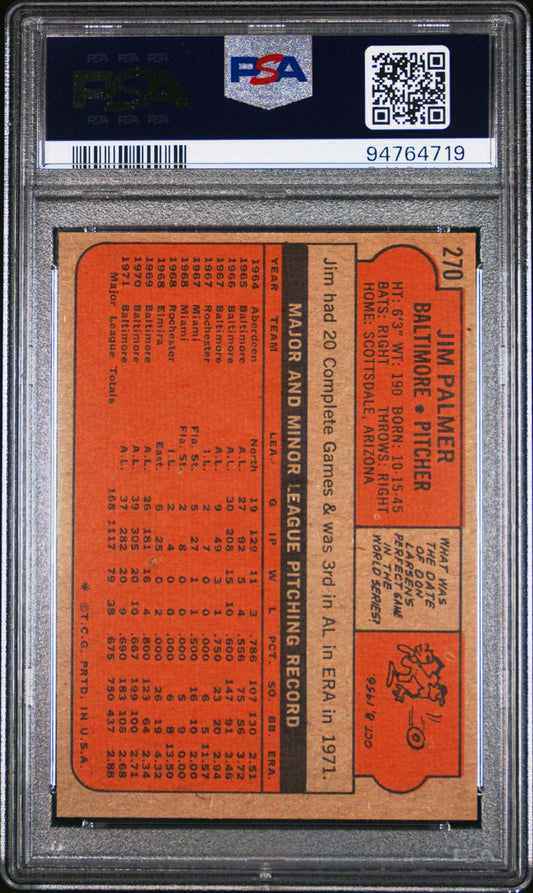 1972 Topps Baseball #270 - Jim Palmer - PSA 8 - NMMT