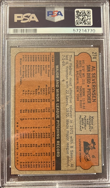 1972 Topps Baseball #274 - Al Severinsen - PSA 9 - MINT