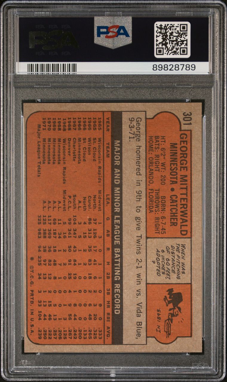 1972 Topps Baseball #301 - George Mitterwald - PSA 9 - MINT