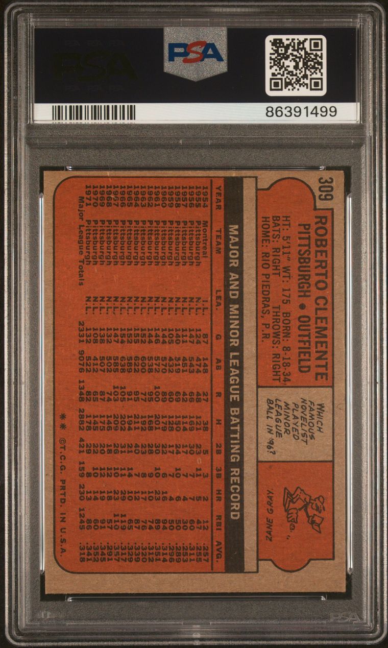 1972 Topps Baseball #309 - Roberto Clemente - PSA 8 - NMMT
