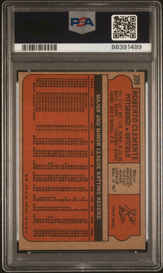 1972 Topps Baseball #309 - Roberto Clemente - PSA 8 - NMMT