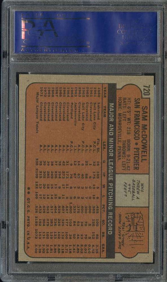 1972 Topps Baseball #720 - Sam McDowell - PSA 8 - NMMT