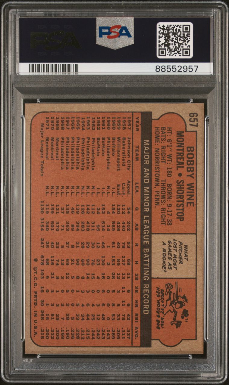 1972 Topps Baseball #657 - Bobby Wine - PSA 8 - NMMT