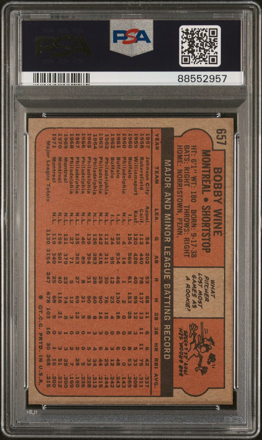 1972 Topps Baseball #657 - Bobby Wine - PSA 8 - NMMT