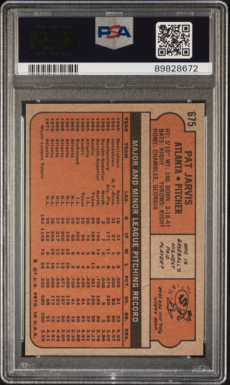 1972 Topps Baseball #675 - Pat Jarvis - PSA 9 - MINT